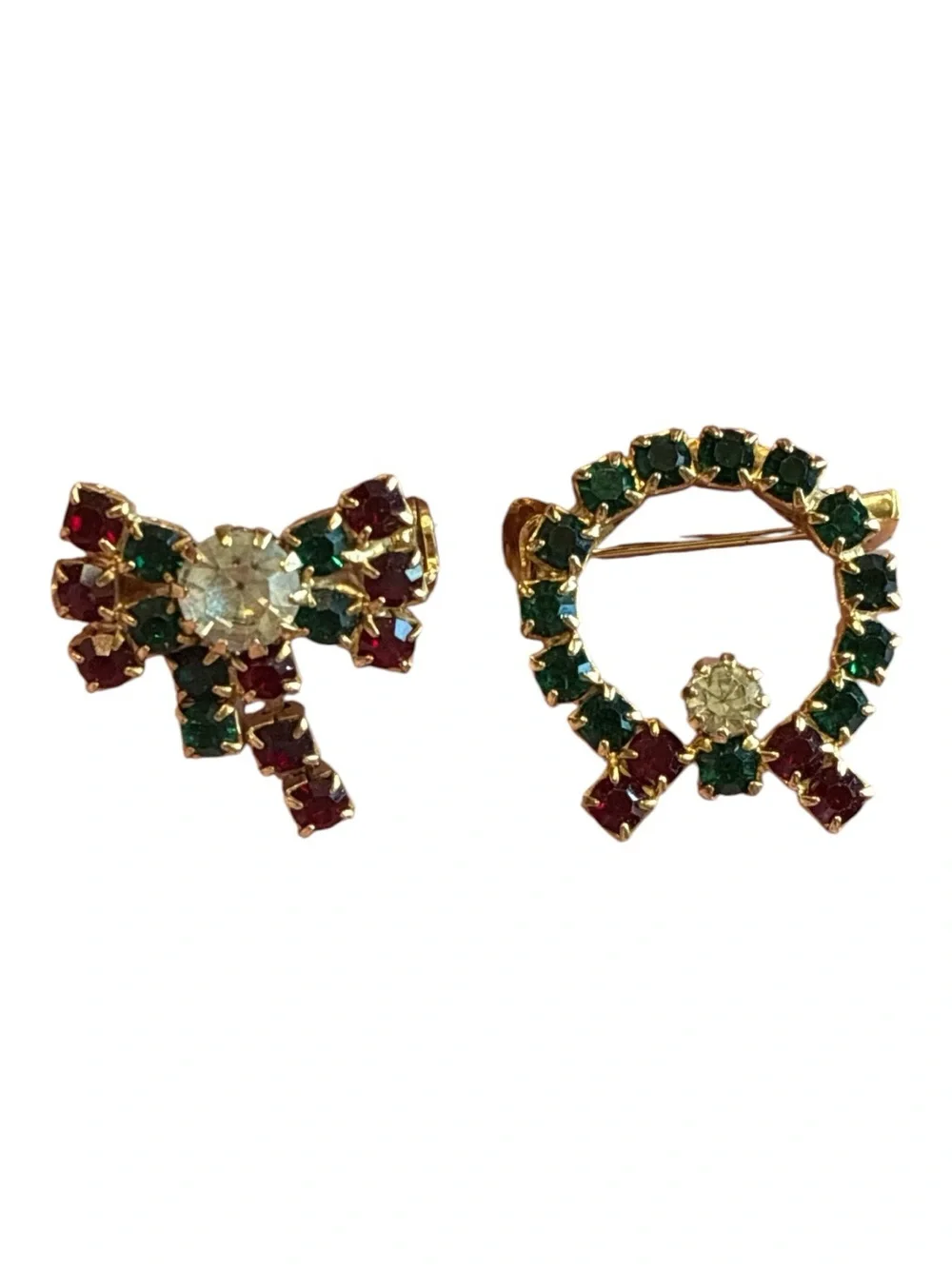 Gold-Tone Red & Green Rhinestone Holiday Bow and Wreath Brooch Set